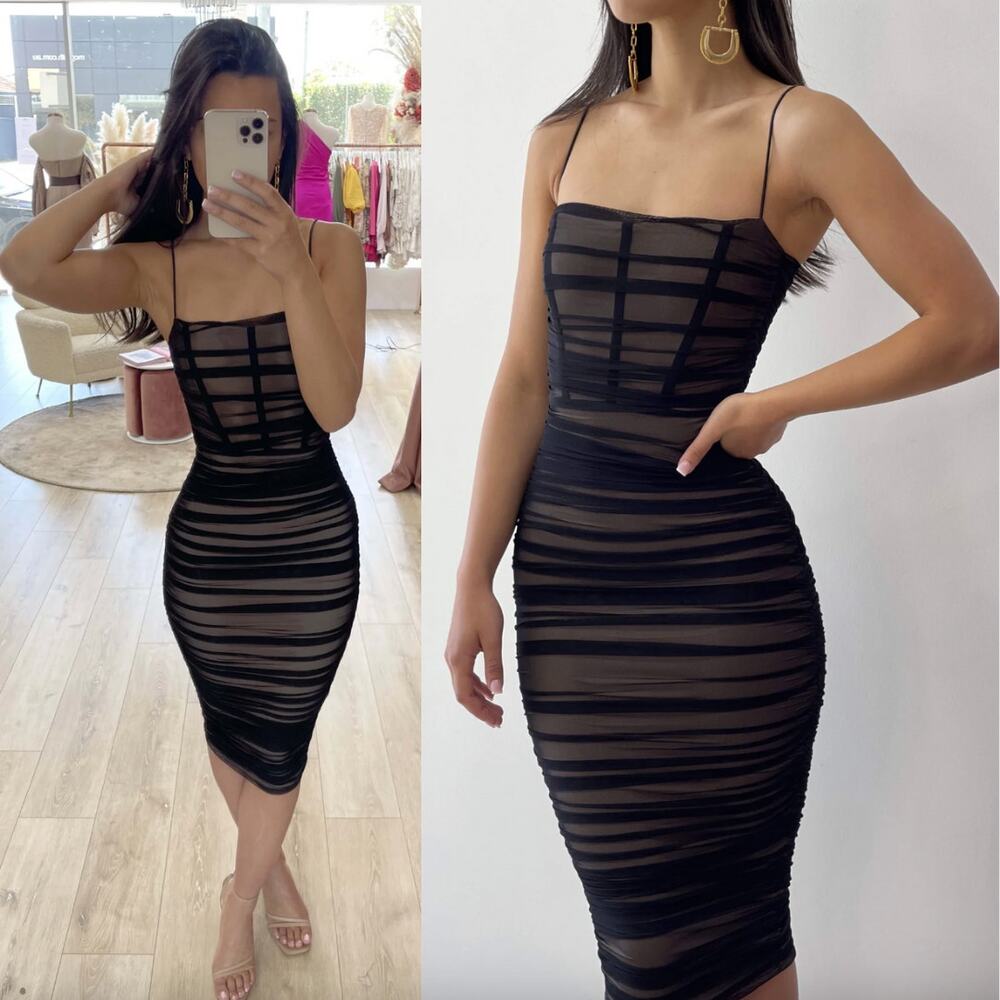 Nookie | NWT Mecca Midi Dress in Black Mesh Bodycon Sheath XS